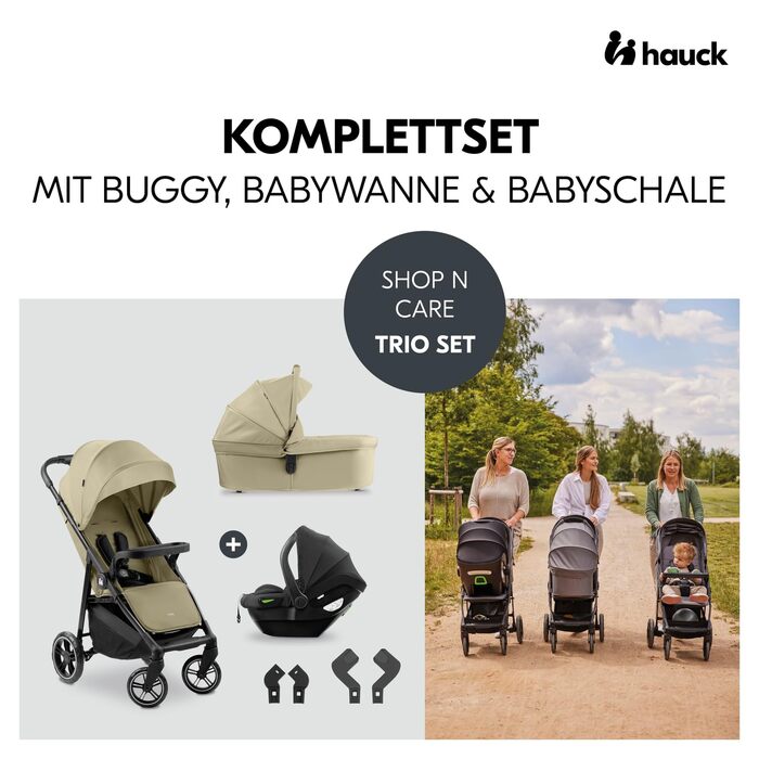 Комплект Hauck Shop N Care Trio Set Olive - 3в1: коляска, ванночка для новонароджених та автокрісло i-Size до 22 кг, з підспільною столикою та тримачем для напоїв, UPF 50+, регульоване положення для сну, складається