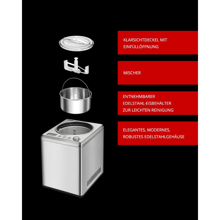 Морожениця Unold Profi Plus 2.5л з компресором та книгою рецептів (101 рецепт) | Автоматична, нержавіюча сталь, самоохолоджувальна, 250 Вт