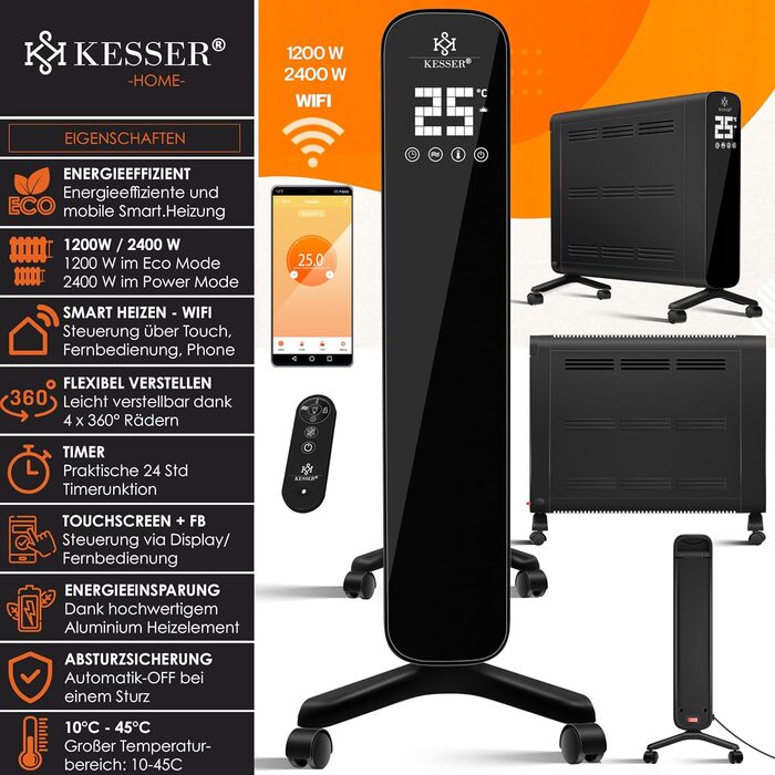 Електричний конвектор KESSER 1200/2400Вт, WiFi, термостат, таймер, сенсорний дисплей, економний, захист від перегріву, чорний
