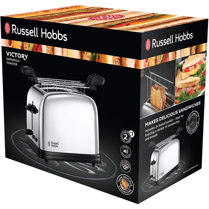Тостер Russell Hobbs Victory для 2 скибок з насадкою для сендвічів та паніні, нержавіюча сталь, 6 режимів, 1200 Вт