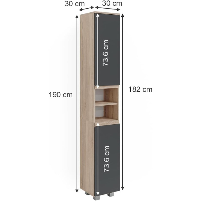 Шафа для ванної Vicco J-Shape, дуб сонома/антрацит, 30x190 см