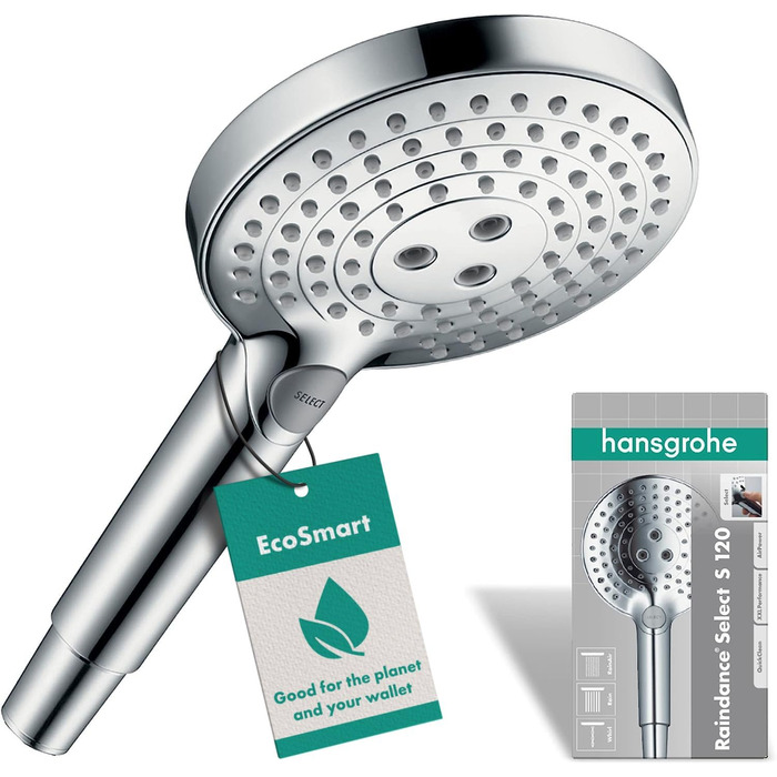 Душова лійка Hansgrohe Raindance Select S з економним споживанням води (9 л/хв), ручна лійка з 3 режимами, кругла (діаметр 120 мм), з антинакипним покриттям, хром, 3 економні струмені
