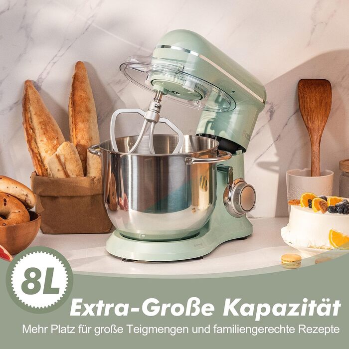 Кухонний комбайн-міксер Kitchen in the box Fab-Serie 8л, потужність 2000Вт, 10 швидкостей, з насадками (вінчик, гак, міксер), Зелений