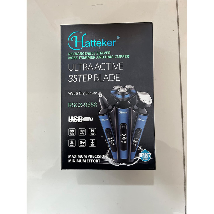 Електробритва для чоловіків Hatteker 3-в-1: ротаційна, тример для бороди, носа, IPX7, водонепроникна, бездротова, для вологого та сухого гоління