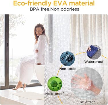 Душова завіса AiQInu 200x200 см, прозора 3D EVA, антигрибкова, водонепроникна, екологічна, з обтяжувачем, 13 гачків, для ванної кімнати