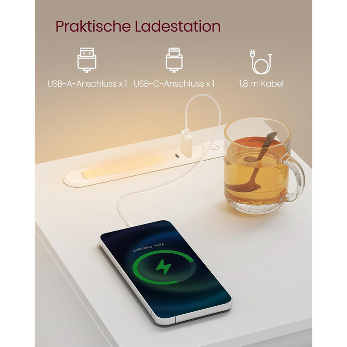 Приліжкова тумбочка VASAGLE з LED-підсвічуванням, USB-A та USB-C, з шухлядою та відкритим відсіком, для спальні/вітальні, білий колір LET610W01