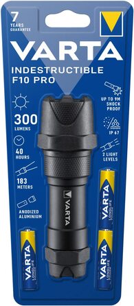 Ліхтарик VARTA Indestructible F10 Pro LED 6 Вт з 3 батарейками AAA, водо- та пилозахищений, ударостійкий, робочий ліхтар з двома режимами освітлення