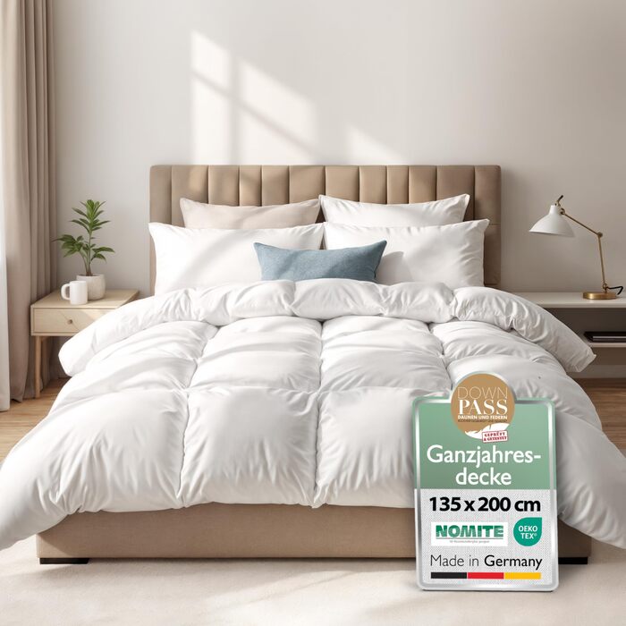 Пухова ковдра Beautissu 135x200 см, сезонна, з 100% пуху та пера, Made in Germany, сертифікація Oeko-Tex, Downpass, Nomite, бавовняний чохол, пральна машина, GF 135x200