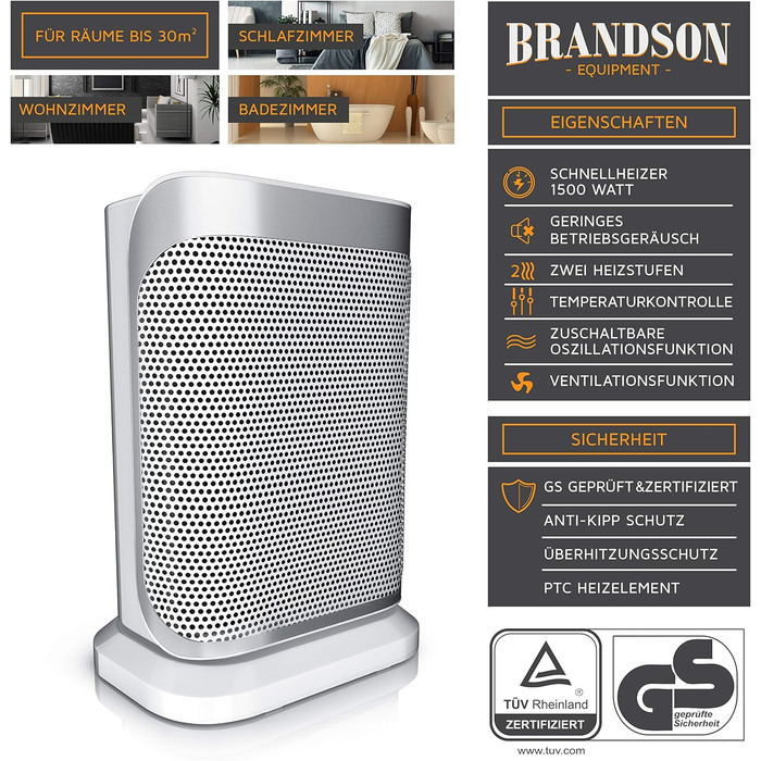 Керамічний обігрівач Brandson 1500 Вт, енергоощадний, безшумний, 2 режими, для ванної кімнати, плавне регулювання температури, термозахист, сріблясто-білий