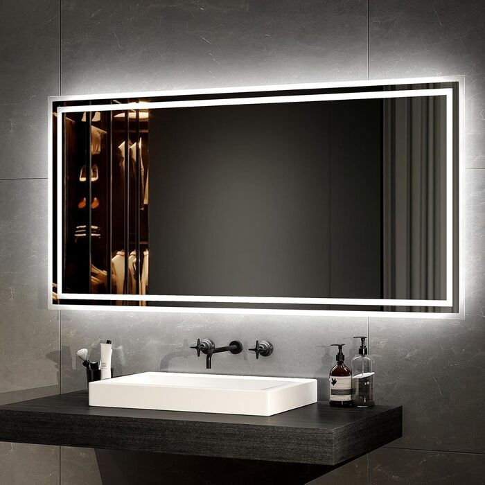 LED дзеркало для ванної кімнати EMKE 40x60 см з підсвічуванням, протитуманне, холодний/теплий білий світ, кнопка, алюмінієва рама, IP44, енергозберігаюче