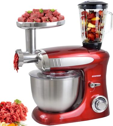 Кухонна машина Syntrox Deluxe 1300 Вт, міксер і м’ясорубка, багатофункціональний кухонний комбайн з насадками, червоний