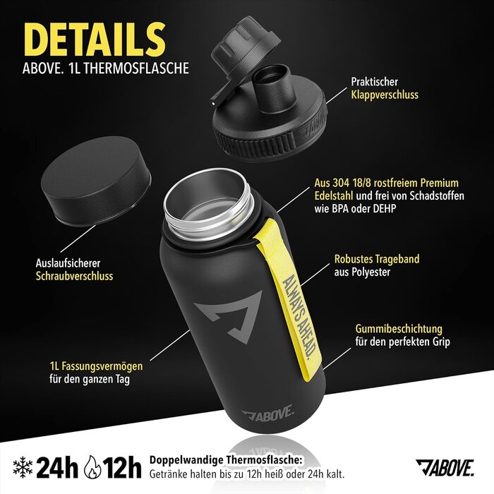 Термозбуля ABOVE з нержавіючої сталі 1л, вакуумний термос для спорту та outdoor, чорна, BPA-free, зберігає тепло до 12г та холод до 24г, герметична