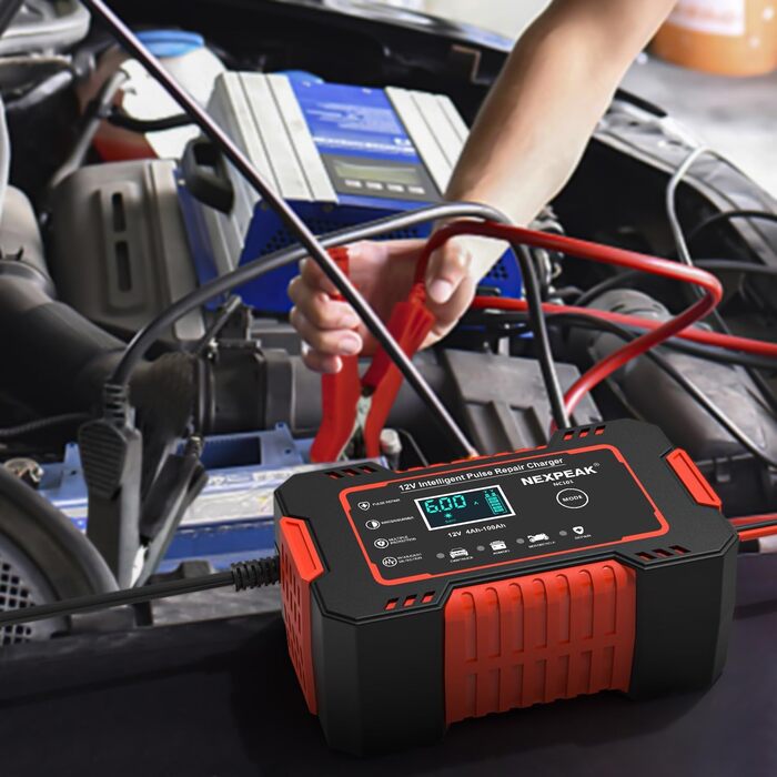 Зарядний пристрій для акумулятора 12V 6A, Smart, автоматичний, з температурною компенсацією, для авто, вантажівок, мотоциклів, газонокосарок, човнів, морських акумуляторів, червоний