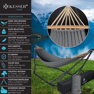 Гамак KESSER Vill із металевим каркасом, складаний, регульований, стійкий, для дому та вулиці, з сумкою для транспортування, підвісне крісло, для кемпінгу, саду, басейну, балкона, тераси, сірий