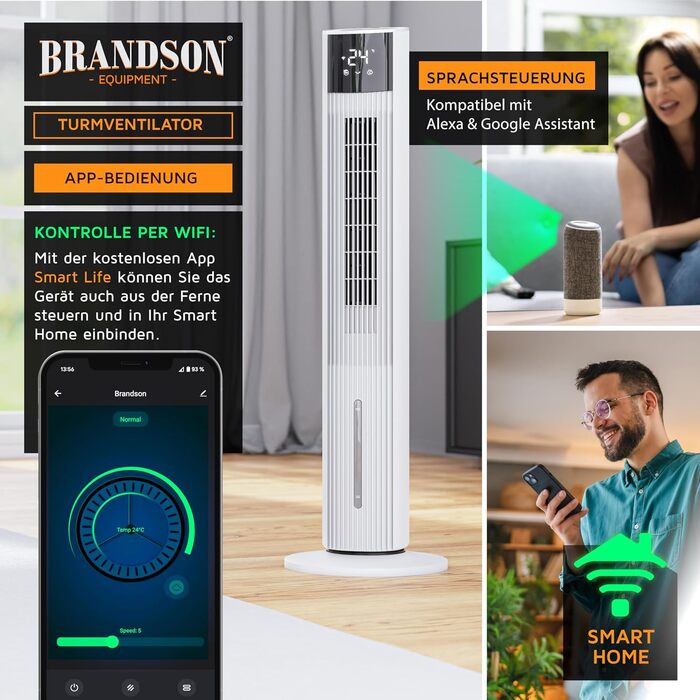 Вентилятор вежний з Wi-Fi та охолодженням води Brandson ECO GREEN – тихий, з керуванням Alexa, смарт-вентилятор для дому, мобільний кондиціонер