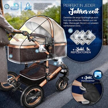 Дитяча коляска KIDUKU® 3 в 1 XXL Комплект | Комбінована коляска з люлькою, візком та автокріслом, комплект включає: люльку, візок, автокрісло, підніжка для ніг, сумка для пеленання, грілки для рук, дощовик, столик для дитини, гумові колеса, ECE R129, Колі
