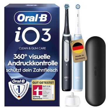 Електрична зубна щітка Oral-B iO Series 3, набір з 2 шт (Чорний та Блакитний), 2 додаткові насадки та футляр