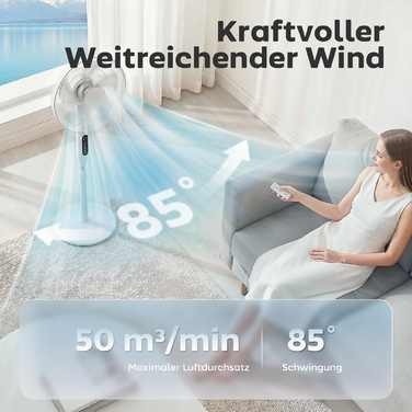Вентилятор підлоговий з таймером на 15 годин, кутом коливання 85°, LED-панеллю керування, пультом дистанційного керування, білий