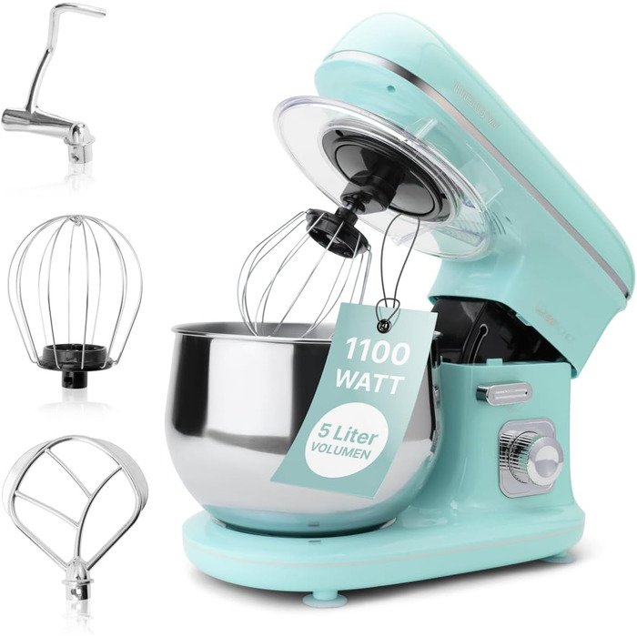 Кухонна машина Clatronic Retro 5 л, 1100 Вт, тістоміс, м'ятно-зелена, з гачком і вінчиком, з кришкою та отвором для додавання інгредієнтів, модель KM 3711