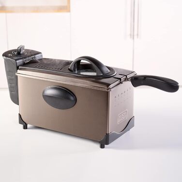 Електрична фритюрниця BLACK+DECKER BXDF2100E, 2100 Вт, 3 л, знімна чаша, нержавіюча сталь, сіра, регулювання температури, легке очищення, підходить для посудомийки