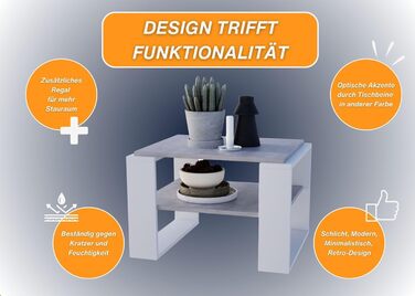 Журнальний стіл CraftPAK Kaja 63 бетон-білий, деревостружковий матеріал, сучасний стіл для вітальні з додатковою полицею