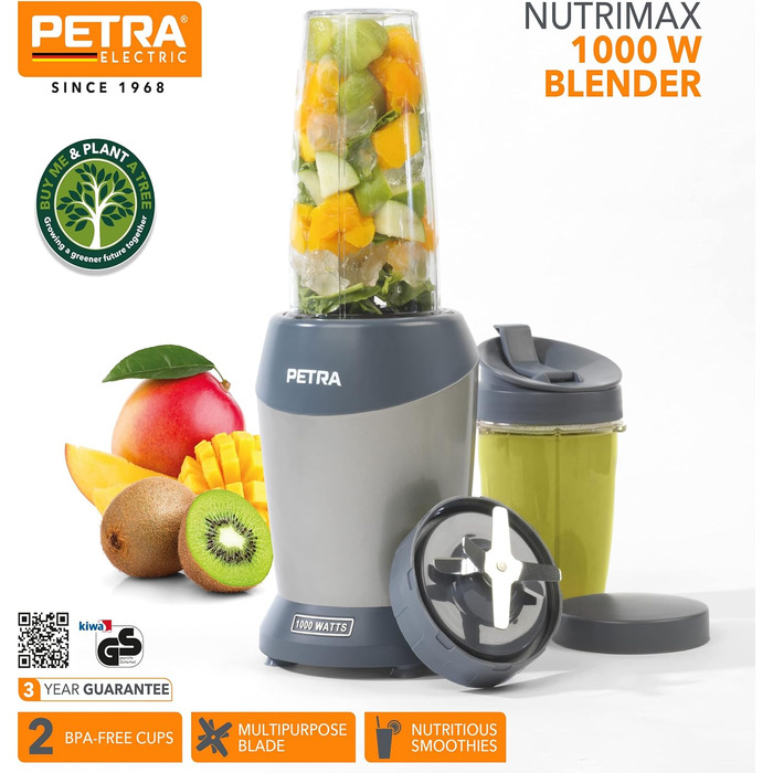 Блендер Petra NutriMax 1000Вт, для смузі, соків і кави, 2 чаші (800 мл/1 л), BPA-free, кришка, міксер для коктейлів