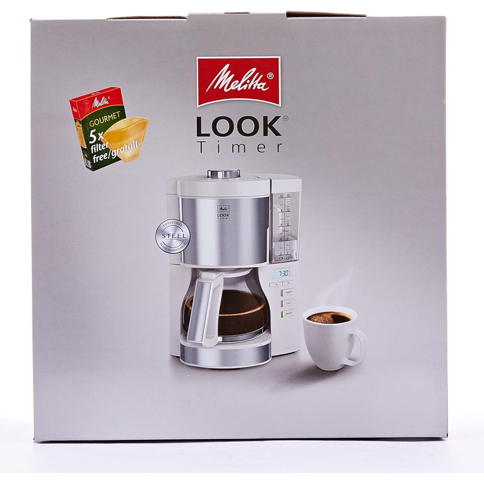 Кавоварка Melitta Look Timer з таймером, крапельна, 10 чашок, біла, скляна колба