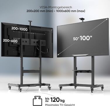 ONKRON мобільна стійка для телевізора 50-100 дюймів, до 120 кг, професійна, з регулюванням висоти та нахилу, VESA 1000x600, ролики, чорна