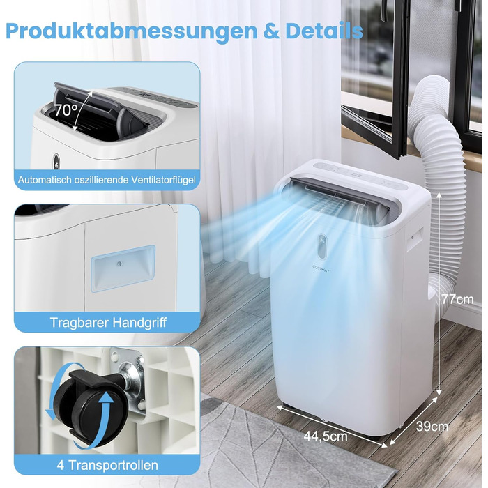 Мобільний кондиціонер COSTWAY 16000 BTU з функцією обігріву, осушення, вентиляції та нічного режиму для приміщень до 150 м² з пультом та керуванням через додаток, 4.7 кВт, ≤57 дБ