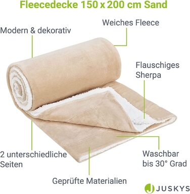 Плед Juskys з флісу та шерпи 150x200 см, теплий, м'який, праний, для ліжка та дивану, денна ковдра, плед-покривало, колір пісочний