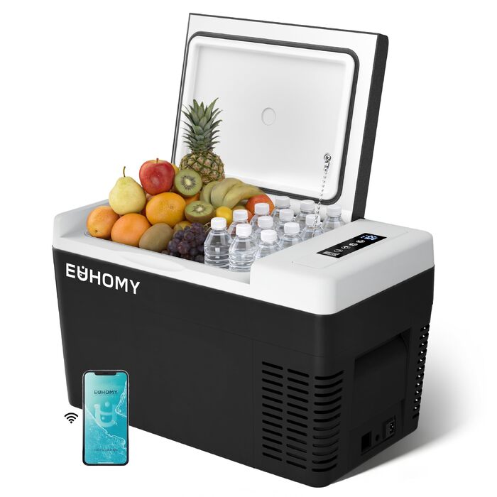 Автомобільний компресорний холодильник EUHOMY 25л з Wi-Fi, -20°C~20°C, 12/24V, 100-240V для кемпінгу, подорожей, човна, сірий