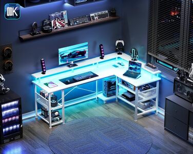 Ігровий кутовий стіл ODK з LED-підсвіткою та USB-портом, 150×102 см, білий, стільниця з вуглецевого волокна