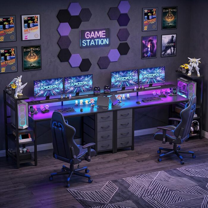 Ігровий стіл APICIZON 150 см з поличкою, підставкою під монітор та RGB-підсвіткою, чорний. Комп'ютерний стіл з USB, тримачем для навушників та підставки для чашки, карбоновий дизайн