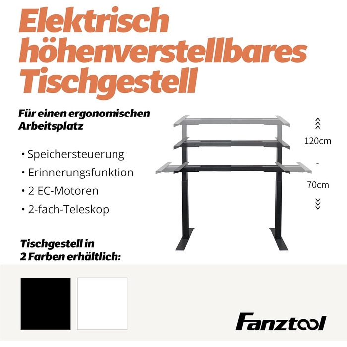 Електричний столовий стіл FANZWORK з 2 Bosch-двигунами, вантажопідйомність 100 кг, регулювання висоти, пам'ять, USB-C, кабель-менеджмент, чорний
