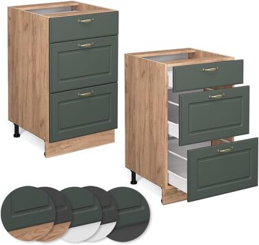 Кухонна нижня шафа з шухлядами Vicco Fame-Line Green-gold Country House, 50 см, колір зелений-золотий (без стільниці)