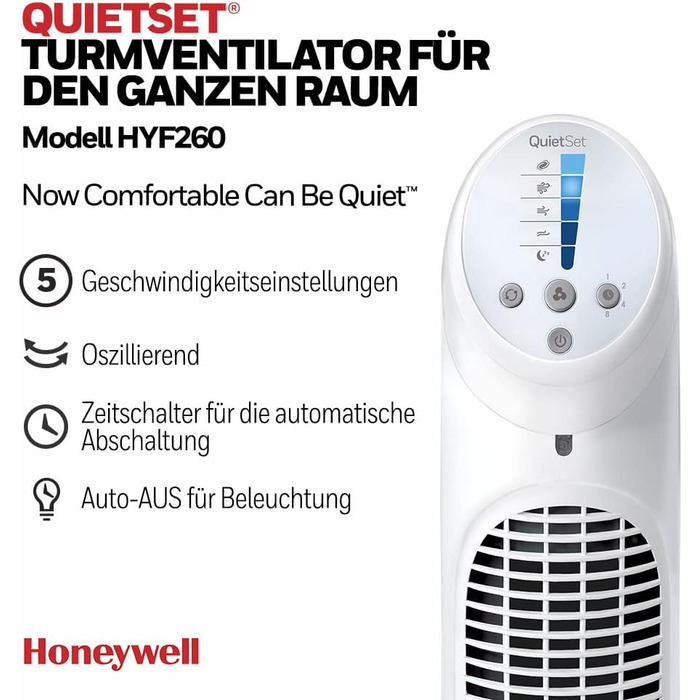 Оцилюючий турбовентилятор Honeywell QuietSet HYF260 для всієї кімнати, 5 швидкостей, 80° осциляція, таймер, автоматичне вимкнення підсвітки, пульт ДК