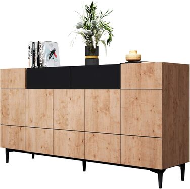 Комод Newfurn чорний дикий дуб, вінтажний індустріальний стиль, 180x90x42 см, для вітальні, спальні, передпокою, їдальні