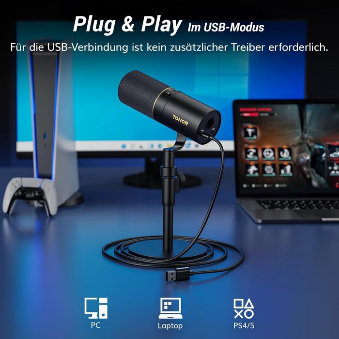 Динамічний мікрофон TONOR TD520 USB/XLR для ПК, студії, подкастів, музики, геймінгу, з підставкою, кнопкою вимкнення та 3,5 мм виходом для навушників