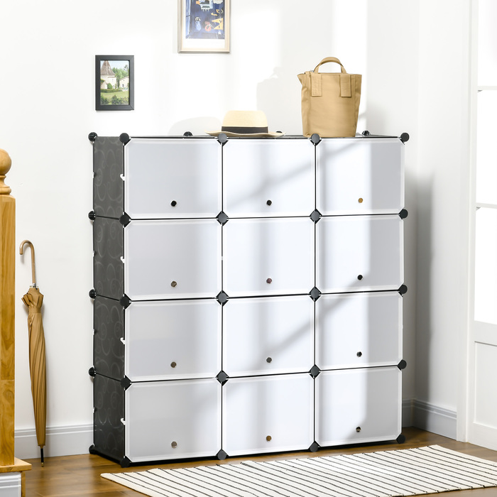 Модульна стелажна система, конфігурується з 12 кубів, розміром 125 x 32 x 125 см, з міцного пластику та сталі, колір чорний.