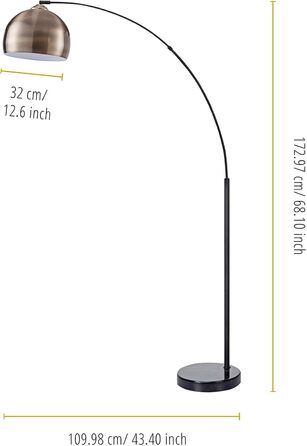 Торшер Teamson Home Arquer з арочною LED-дугою, чорний, із мармуровою підставкою та латунним абажуром для вітальні чи їдальні, сучасний дизайн
