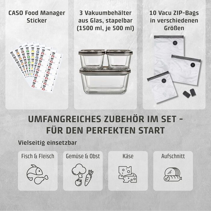 Акумуляторний вакууматор CASO Vacu OneTouch Eco-Set з 3 скляними контейнерами, 10 ZIP-пакетами та стікерами Food Manager, чорний