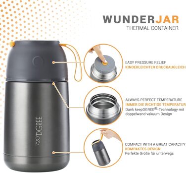 Термос для їжі 720°DGREE wunderJar 450/650 мл, нержавіюча сталь, герметичний, BPA Free, для гарячих і холодних страв, супу, каші, дитячого харчування, з рецептами, Stone Gray