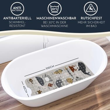 Дитячий килимок для ванни Homerella, антиковзний, BPA Free, 100x40 см, із 2 гачками, для чутливої шкіри, стійкий до плісняви, миється, колір Greige Underwater Abc