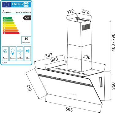 Витяжка для кухні KKT Kolbe Aurora 60 см, чорне скло, 782 м³/год, з WiFi, RGBW LED-підсвіткою та сенсорним керуванням, режим рециркуляції та відводу (AURORA6005FB)