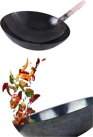 Wok-пательня AAF Nommel 36 см, кругле дно, вуглецева сталь, натуральне антипригарне покриття, попередньо прожарена