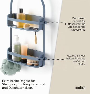 Підвісна полиця для душу Umbra Flex, органайзер у ванну з 2 рівнями та системою дренажу, силіконові стрічки, колір: сланцево-синій