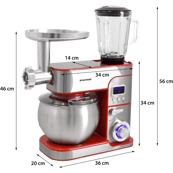 Кухонна машина Syntrox Kagus 6 л, м'ясорубка, 1300 Вт, нержавіюча сталь, червона, LED-дисплей, таймер, насадки для тіста та збивання