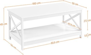 Журнальний стіл Yaheetech білий дерев'яний 100x50x45 см з 2 полицями, X-подібна опора, сучасний кавовий стіл для вітальні, балкона, офісу