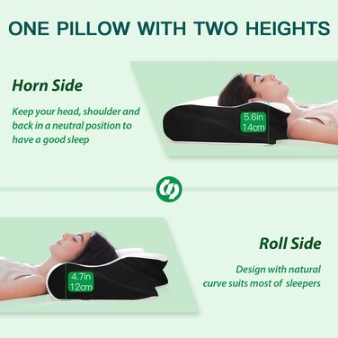 Подушка для шиї з піни Memory Foam 2-в-1, ергономічна, 60x40x12/14 см, чорна. Для спини, боку та живота.