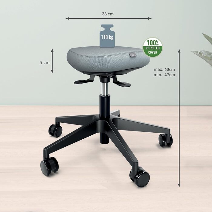Офісний стілець Leitz Ergo Active з піною подвійної щільності, регульована висота 57-82 см, оббивка з переробленого матеріалу (110 кг), колір світло-сірий